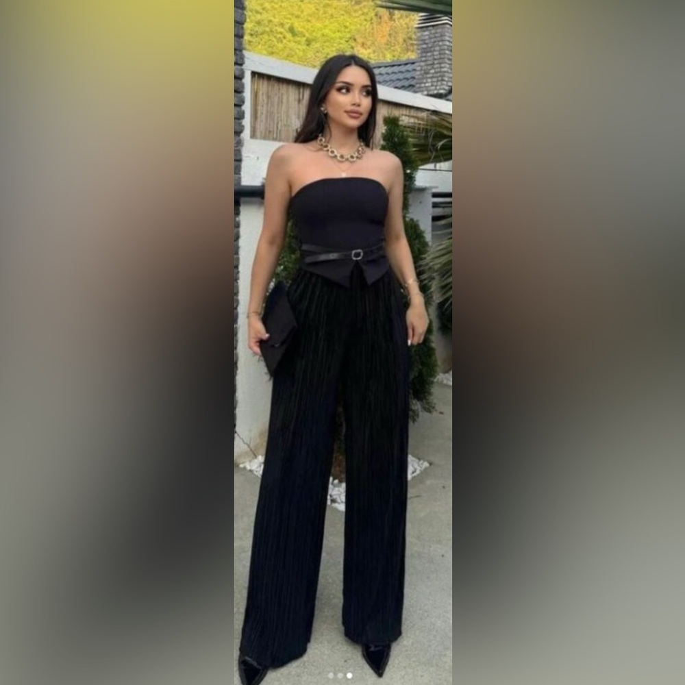 NWT Zara Black Belted Mixed Strapless Pleated Jumpsuit. Size S. - Picture 6 of 6